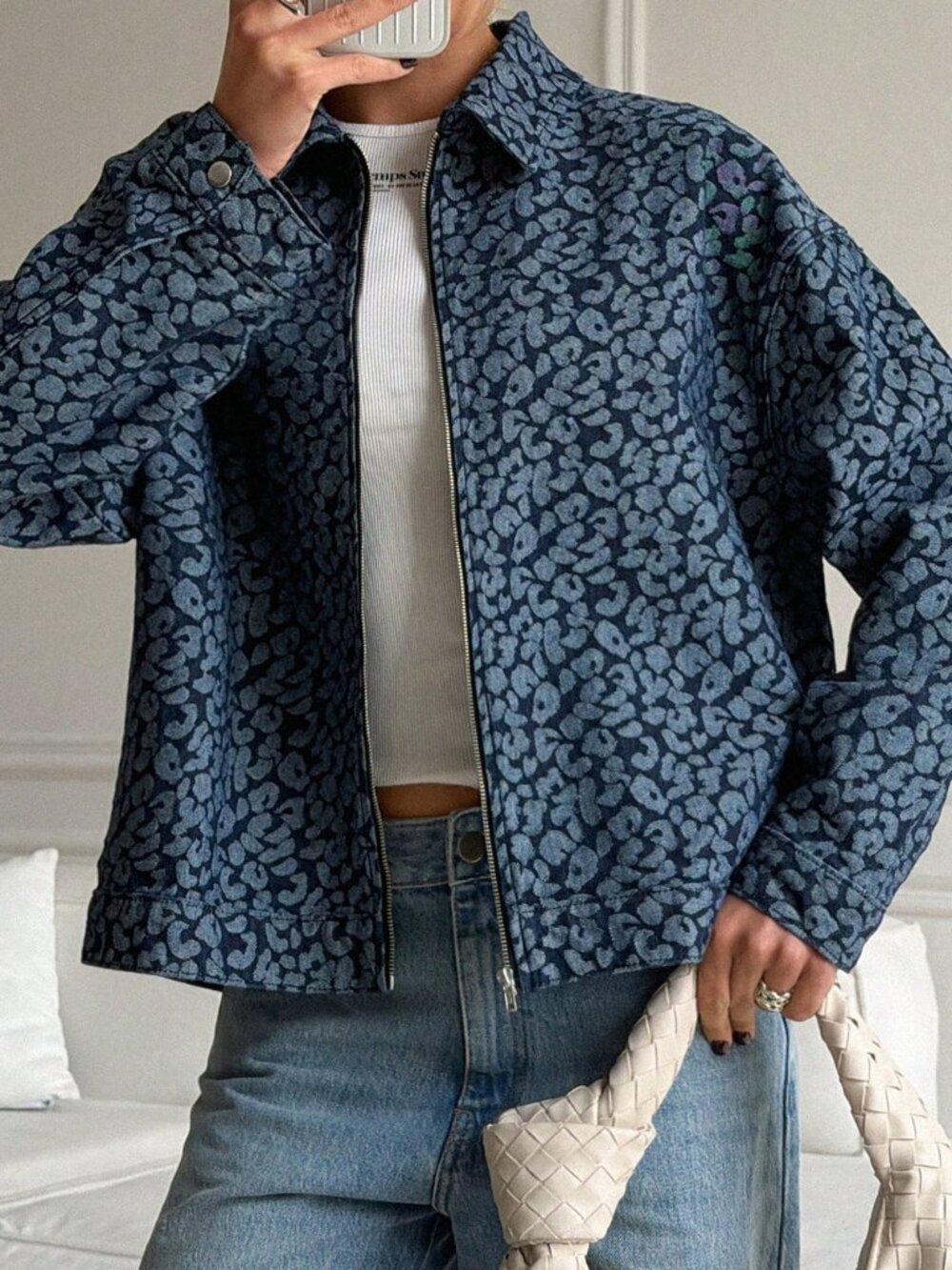 Blue Casual Women's Loose Streetwear Denim Jacket With Leopard Print
